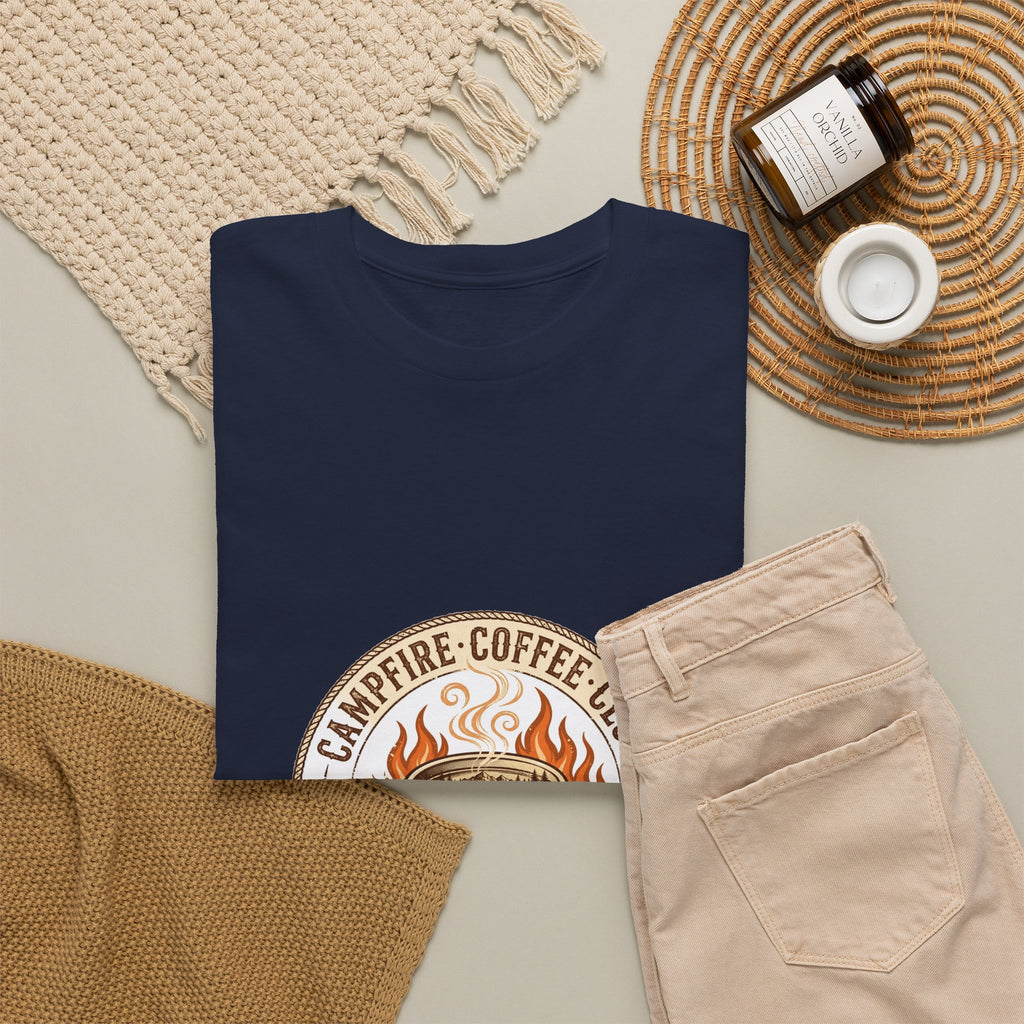Campfire Coffee Club T-Shirt | Camping Coffee Mug Badge Tee