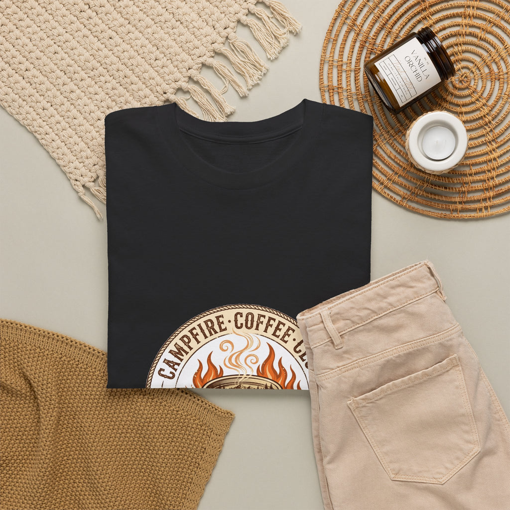 Campfire Coffee Club T-Shirt | Camping Coffee Mug Badge Tee