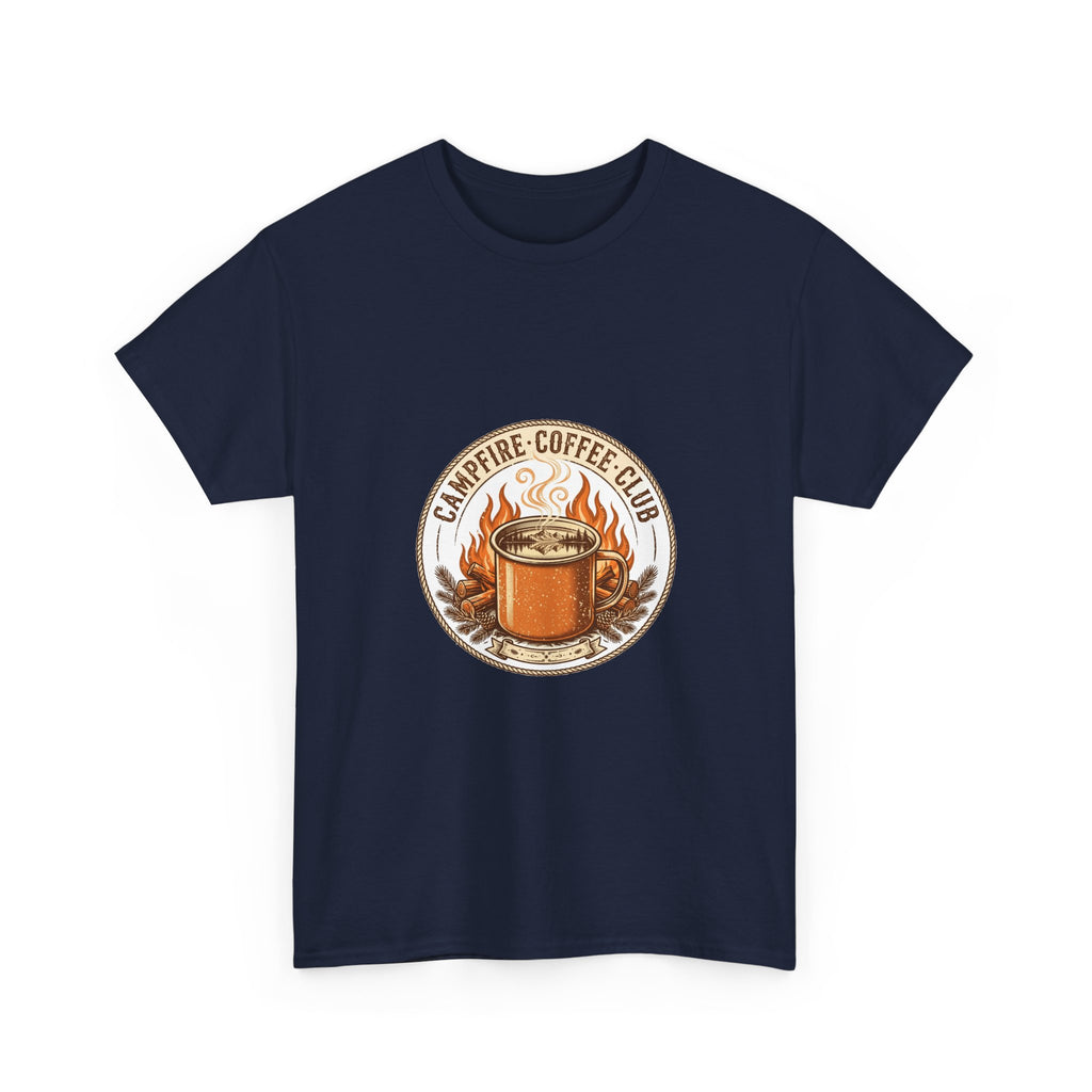 Campfire Coffee Club T-Shirt | Camping Coffee Mug Badge Tee