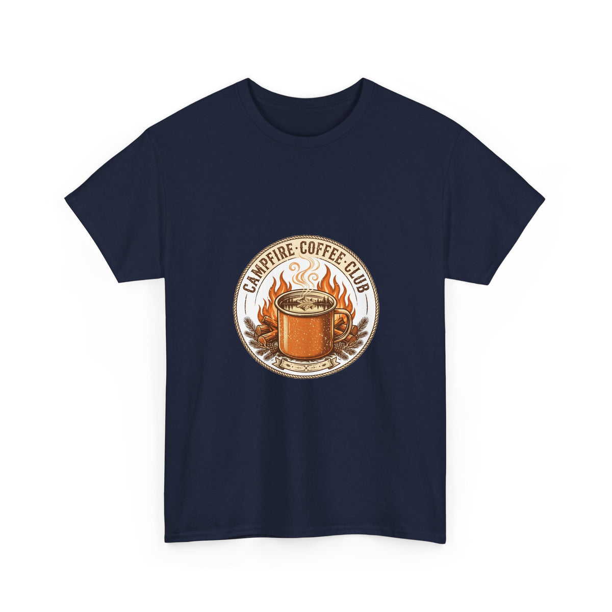 Campfire Coffee Club T-Shirt | Camping Coffee Mug Badge Tee