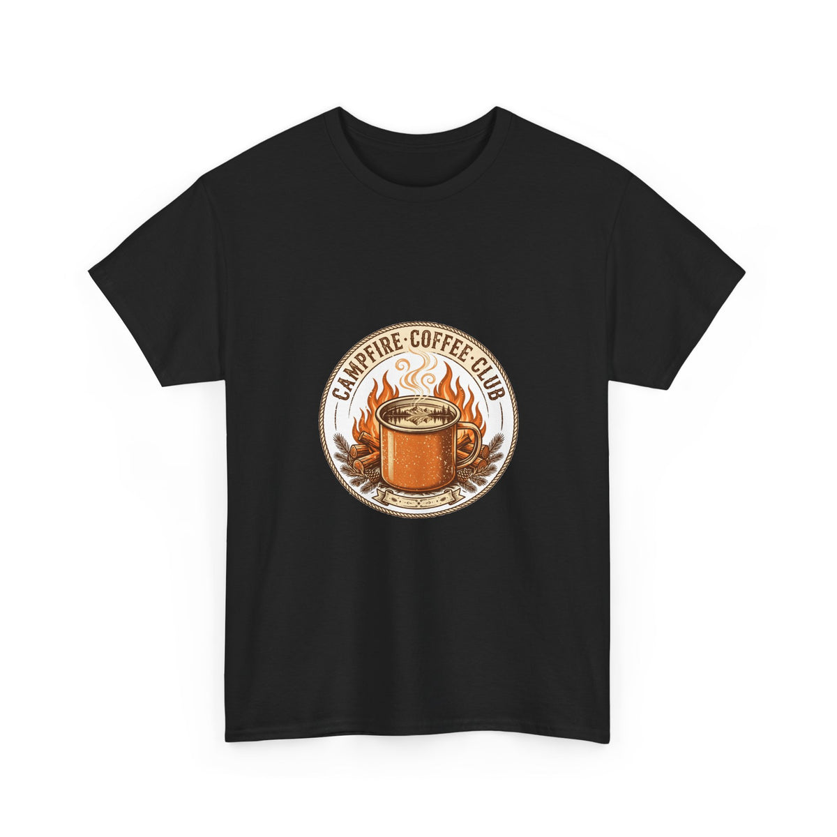 Campfire Coffee Club T-Shirt | Camping Coffee Mug Badge Tee
