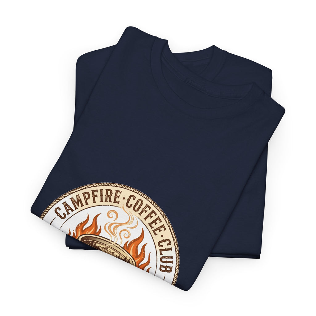 Campfire Coffee Club T-Shirt | Camping Coffee Mug Badge Tee